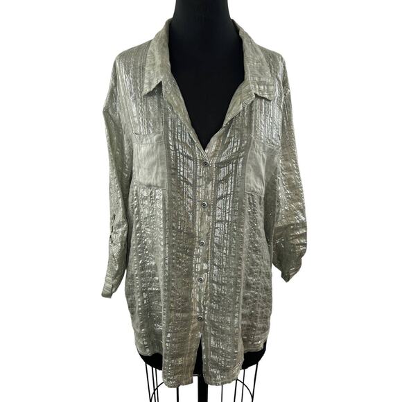 Made in Italy Women's Gray Silver Metallic Roll-Tab Sleeve Button-Up Shirt XL - Picture 1 of 6